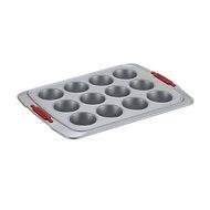 Cake Boss Deluxe Nonstick Bakeware 12-Cup Muffin Pan, Gray with Red Silicone Grips N6