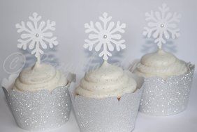 Set of 12 - White Shimmer Snowflake Cupcake Toppers &amp; Silver Glitter Wrappers-Winter Wonderland Party Decor -... N2