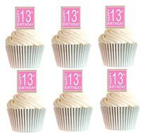 24pk Happy 13th Birthday Burlap Brown - Pink Edible Cupcake Decoration Topper Picks