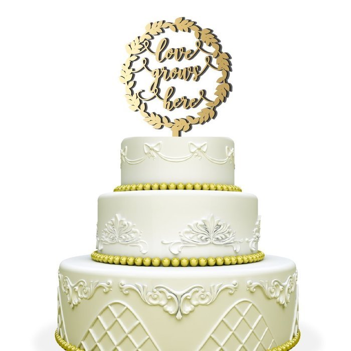 Love Grows Here Wedding Cake Topper with Laurel Wreath Mirrored Gold