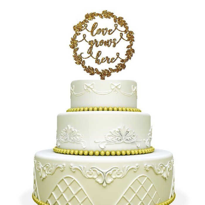 Love Grows Here Wedding Cake Topper with Laurel Wreath Mirrored Gold N2