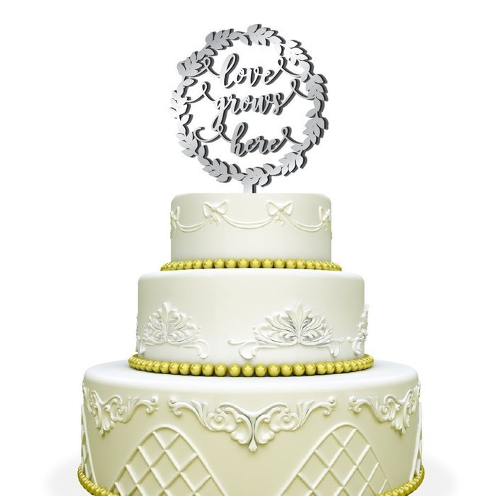 Love Grows Here Wedding Cake Topper with Laurel Wreath Mirrored Gold N3