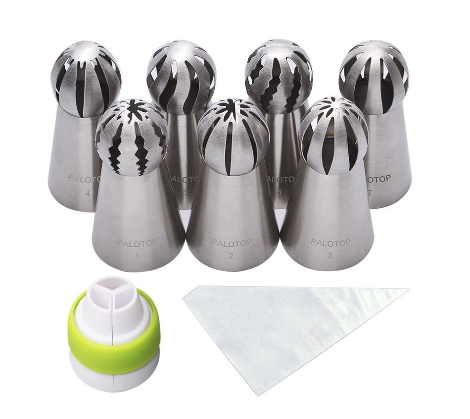 PALOTOP Russian Ball Tips 18-Pcs Set (7 Ball Tips 10 Disposable Pastry Bags 1 Tri-color coupler)