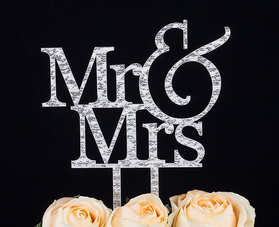 LOVENJOY with Gift Box Mr and Mrs Monogram Wedding Engagement Cake Topper (5.5-inch, Silver Glitter) N4