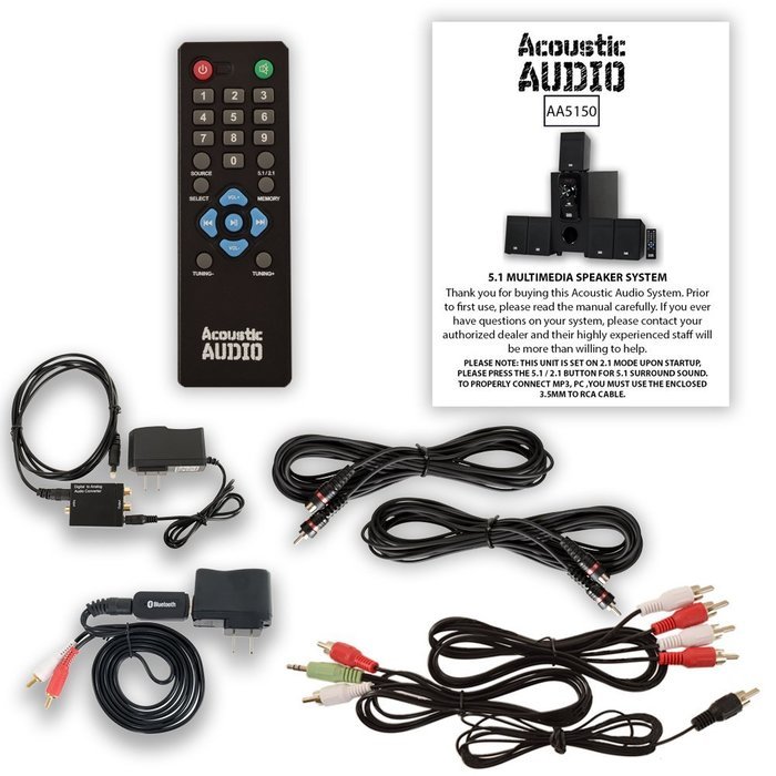 Acoustic Audio AA5150 Home 5.1 Speaker System with Bluetooth Optical Input FM and 2 Extension Cables N2