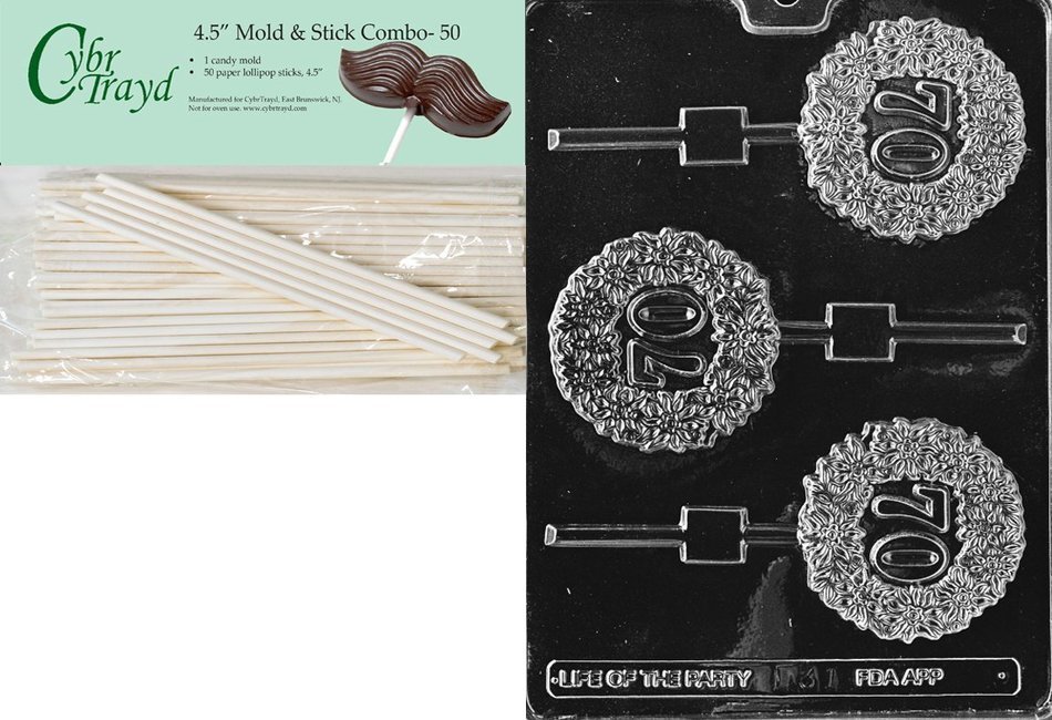 Cybrtrayd 45St50-L031 70th Lolly Letters and Numbers Chocolate Candy Mold with 50-Pack 4.5-Inch Lollipop Sticks