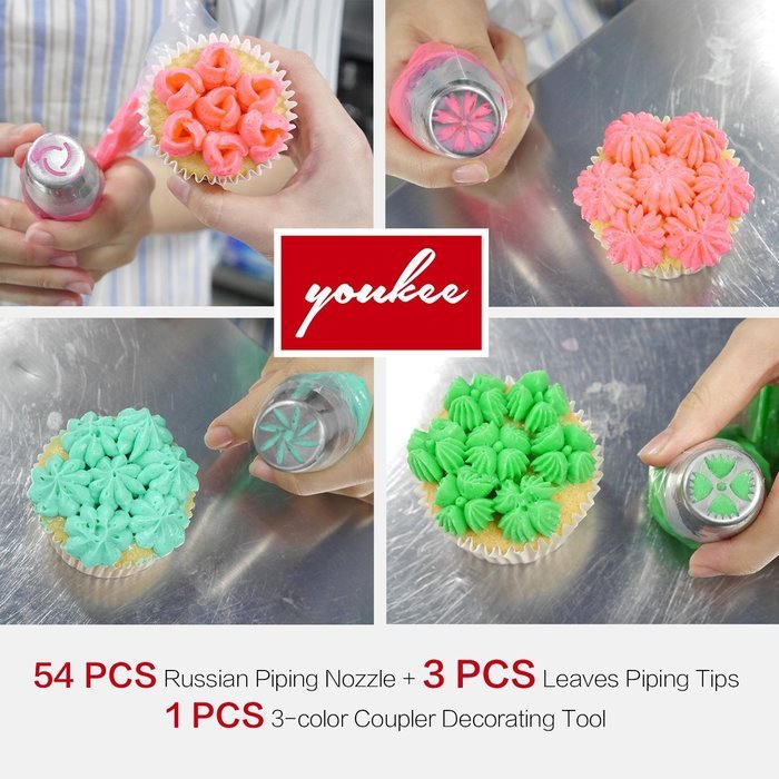 YOUKEE 58 PCS Stainless Steel Russian Piping Tips Set Icing Piping Nozzles Pastry Cake Decorating Tips,54 Flower... N4