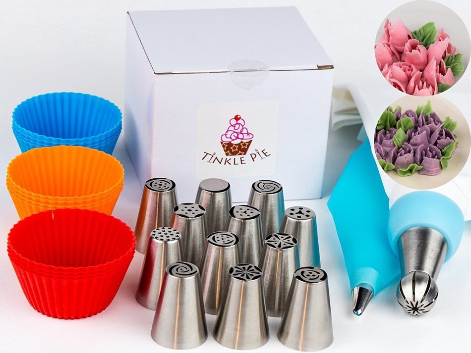 Russian Piping Tips 29pcs Set - incl 14 piping nozzle tips, 12 silicone cupcake liner, Coupler, 2 Reusable pastry...