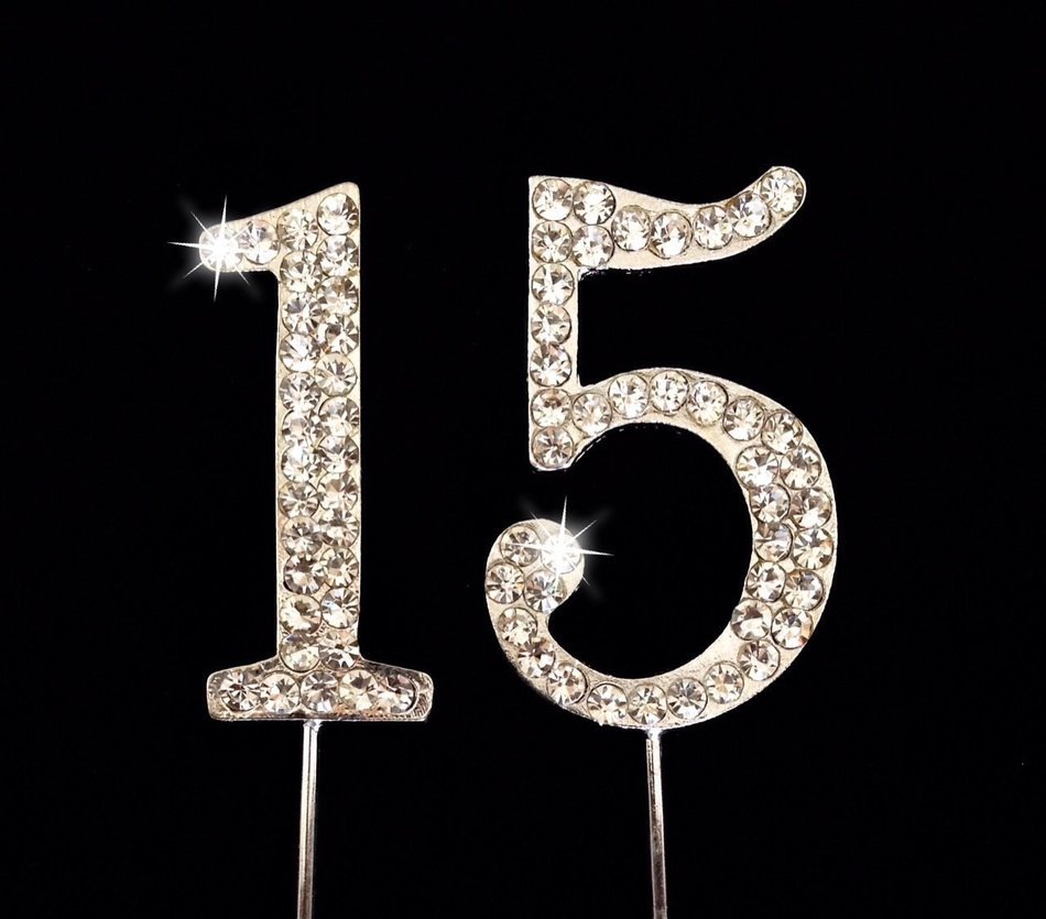 15th Birthday / Wedding Anniversary Number Cake Topper with Sparkling Rhinestone Crystals - 1.75
