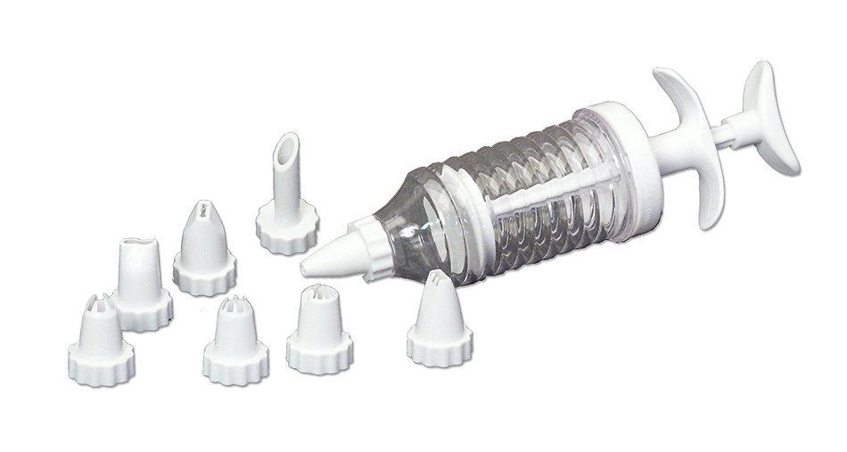 Chef Craft 21229 1-Piece Icing Syringe with 8 Tips, White and Clear Plastic, 10-Inch