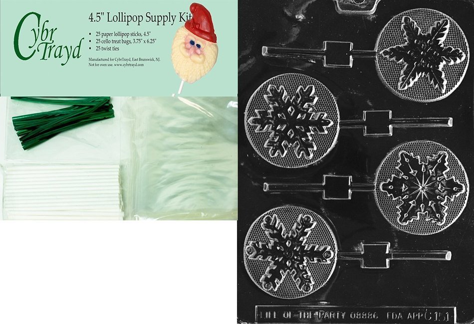 Cybrtrayd 45stK25G-C151 Assorted Snowflakes Lolly Christmas Chocolate Mold with Lollipop Kit, Includes 25 Lollipop...