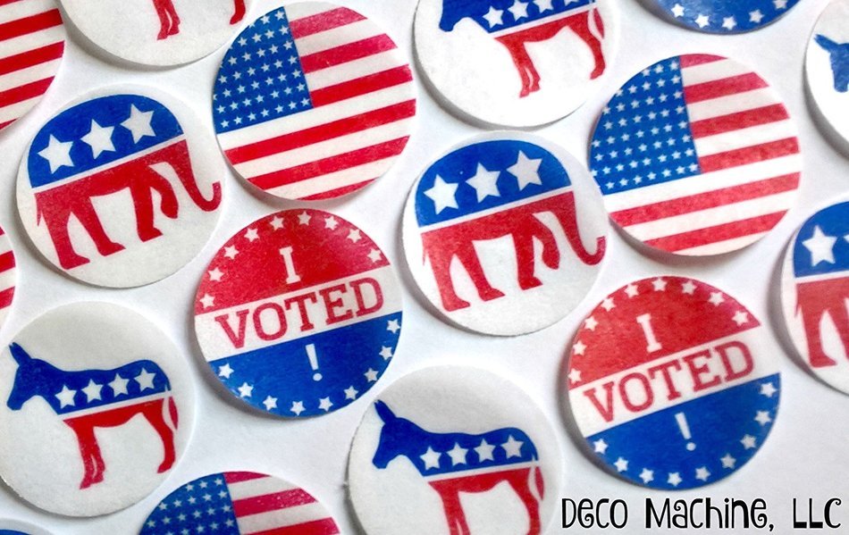 24 Small 1.5" I VOTED REPUBLICAN DEMOCRAT AMERICAN FLAG Political Party 2016 Election Decorative Wafer Paper Toppers...