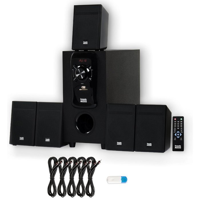 Acoustic Audio AA5150 Home Theater 5.1 Speaker System with USB Bluetooth FM and 5 Extension Cables