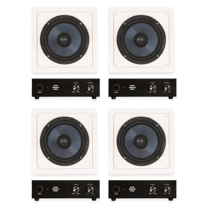 Blue Octave BDW8 In Wall 8" Passive Subwoofer Speakers Home Theater 4 Sub and 4 Amp Set
