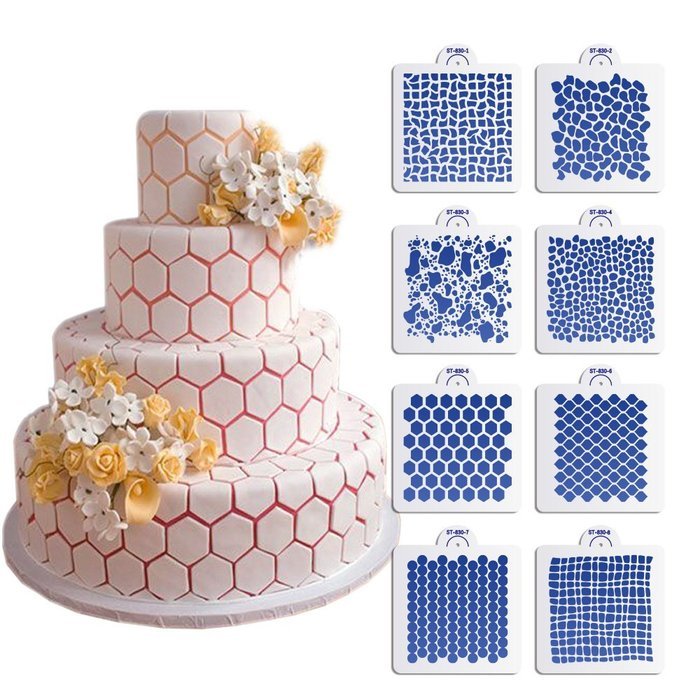 ART Kitchenware New 8pcs/set Wedding Cake Decorating Stencil Honeycomb Grain,Stone Grain Plastic Template Design...