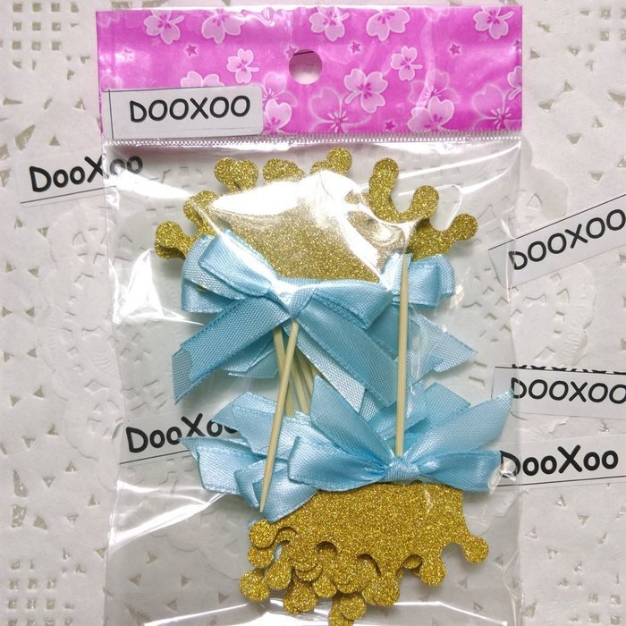 DOOXOO Crown Cupcake Toppers Blue Bow Gold First birthday party 12 Party cake toppers Gold glitter cupcake toppers... N5