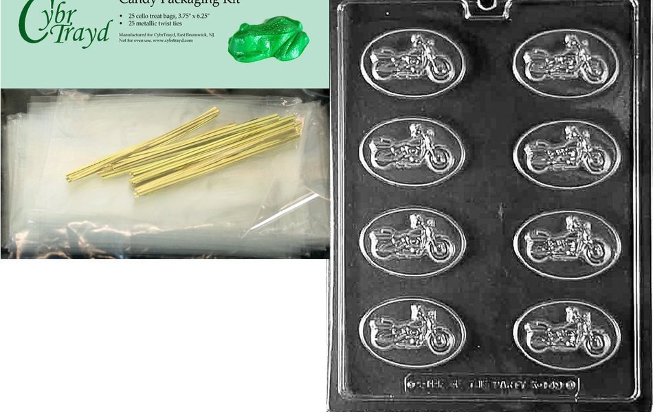 Cybrtrayd Mdk25G-K149 Motorcycle Pieces Kids Chocolate Candy Mold with Packaging Bundle, Includes 25 Cello Bags...