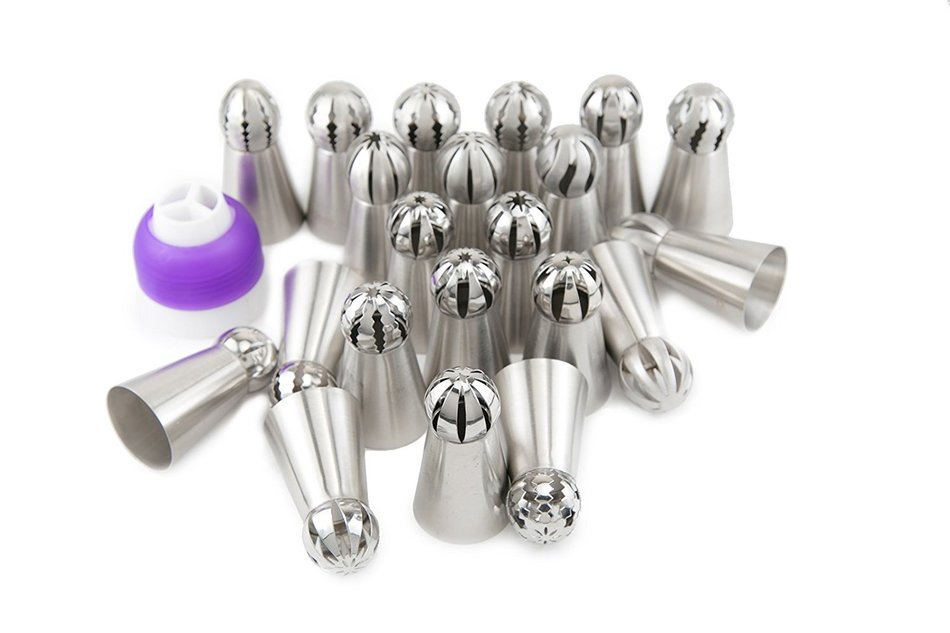 28 pcs Sphere Russian Piping Tips Set - 21 Icing Tips (XXL Size) + FREE 7 Piping Bags (Made in USA) + Tricolor... N5