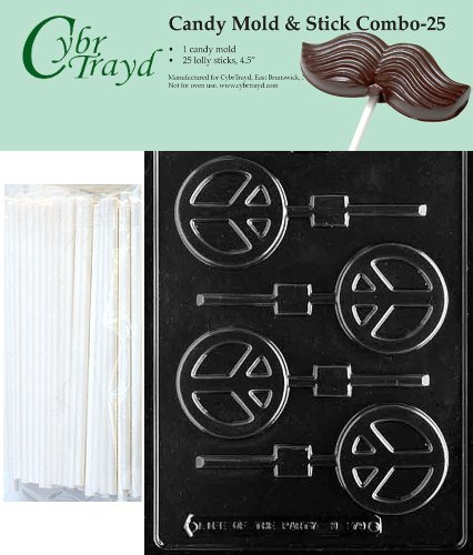Cybrtrayd 45St25-M179 Peace Sign Lolly Chocolate Candy Mold with 25 Cybrtrayd 4.5" Lollipop Sticks