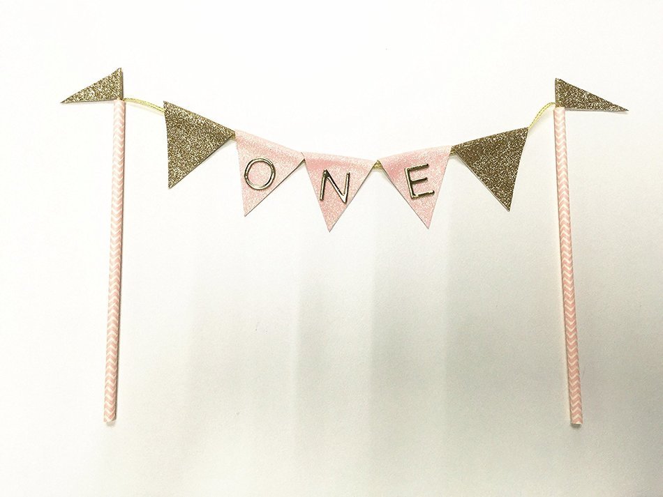 Baby Pink First Birthday "ONE" Cake Bunting Banner Topper for Sparkle Party Birthday Cake N2
