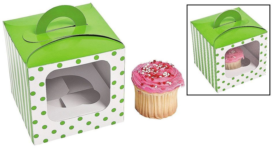 1 Dozen - Lime Green Polka Dot Cupcake Boxes With Handle - Party Favors by Fun Express N3