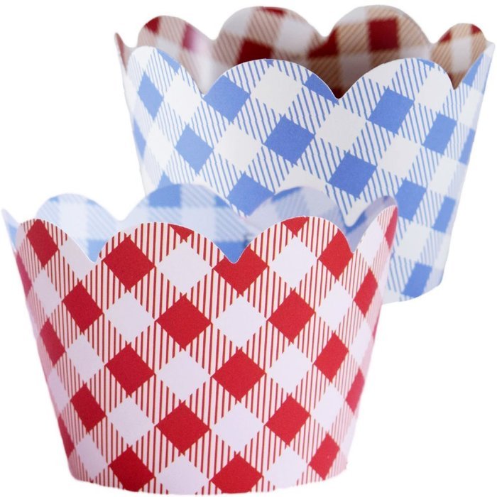 Cupcake Wrappers, Vintage Baby Blue Gingham, Rustic Red Checker, Confetti Couture Party Supplies, 36 N6