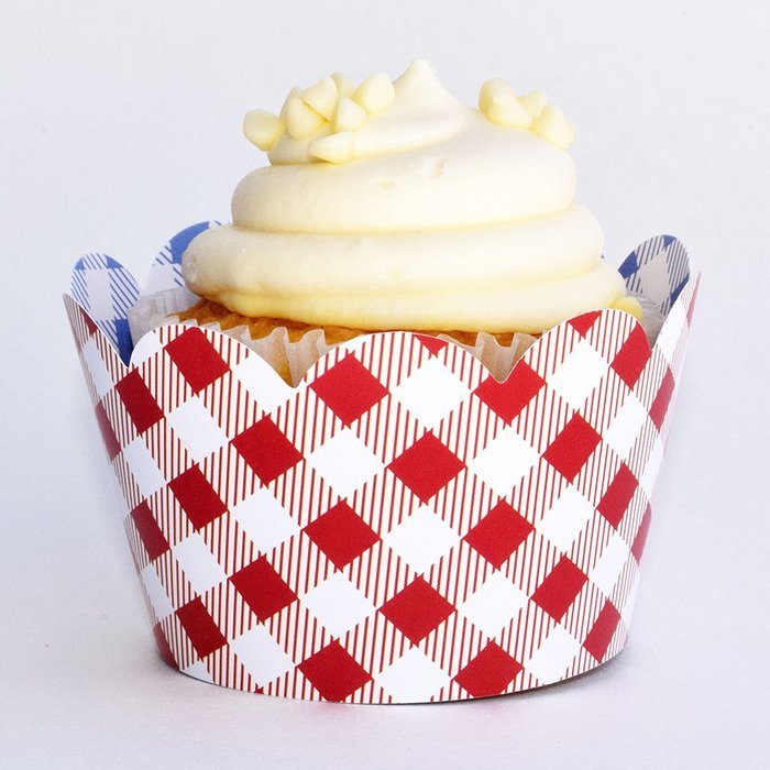 Cupcake Wrappers, Vintage Baby Blue Gingham, Rustic Red Checker, Confetti Couture Party Supplies, 36 N7