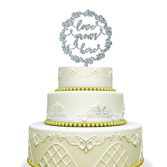 Love Grows Here Wedding Cake Topper with Laurel Wreath Mirrored Gold N4