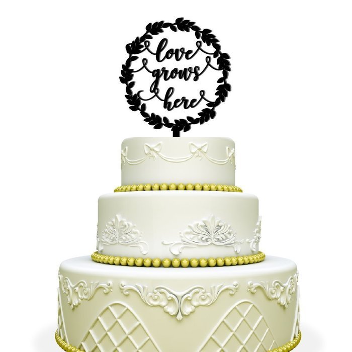 Love Grows Here Wedding Cake Topper with Laurel Wreath Mirrored Gold N5