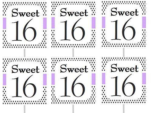 12pack Sweet 16 Birthday Cupcake Decoration Picks - Lavender Polka Dot