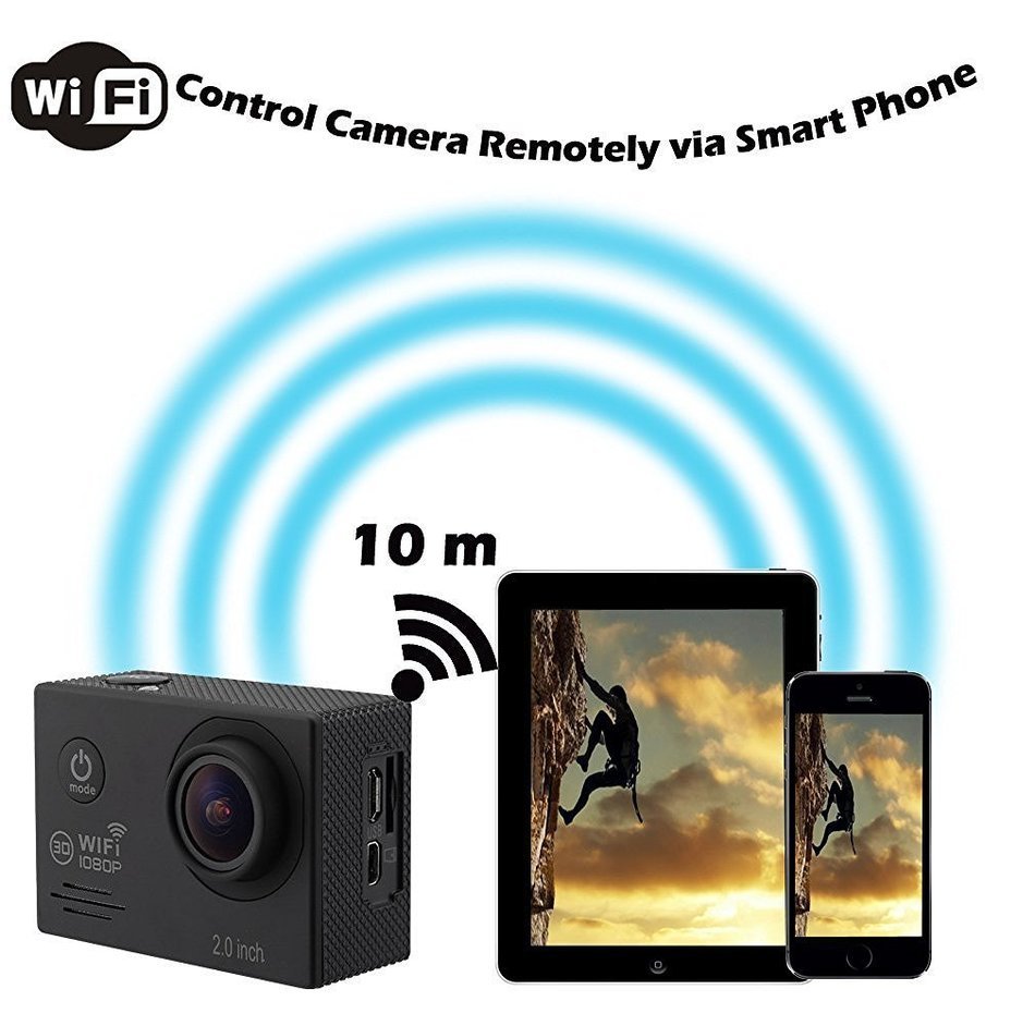 Sports Camera, 14MP 2.0 Inch 1080P Waterproof WIFI Action Camera with 2 Batteries and Accessories