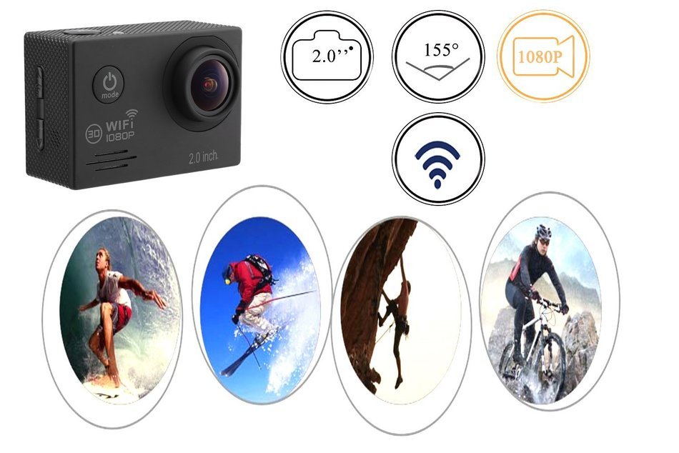 Sports Camera, 14MP 2.0 Inch 1080P Waterproof WIFI Action Camera with 2 Batteries and Accessories N2