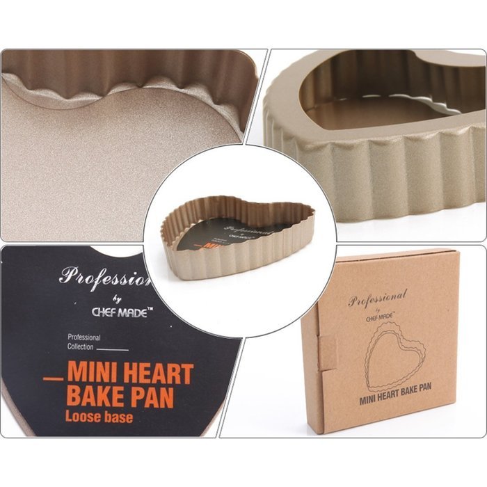 Yiiho&reg; 4 Inch Nonstick Quiche Tart Pan Carbon Steel with Removable Bottom (Pack of 6, Heart Shape) N2