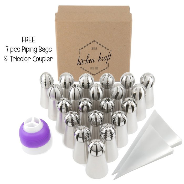 28 pcs Sphere Russian Piping Tips Set - 21 Icing Tips (XXL Size) + FREE 7 Piping Bags (Made in USA) + Tricolor... N6