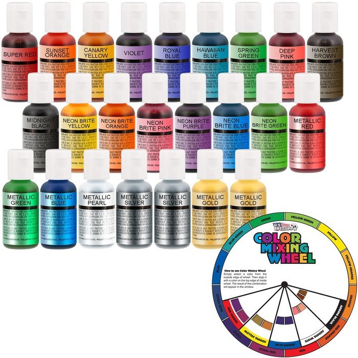 24 Color-US Cake Supply by Chefmaster Deluxe 24 Bottle Airbrush Cake Color Set - The 22 Most Popular Colors in... N4