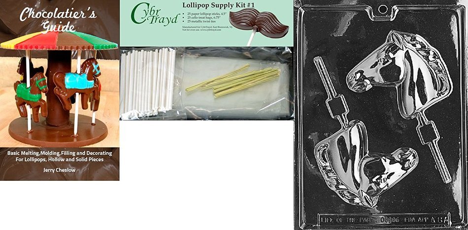 Cybrtrayd "Horse Head Lolly" Chocolate Mold with Chocolatier's Bundle, Includes 25 Lollipop Sticks, 25 Cello Bags...