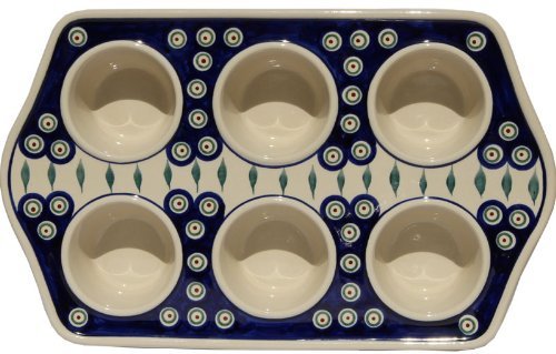 Polish Pottery Muffin Pan From Zaklady Ceramiczne Boleslawiec #1778-56 Peacock Pattern, Length: 14" Width: 8.75"