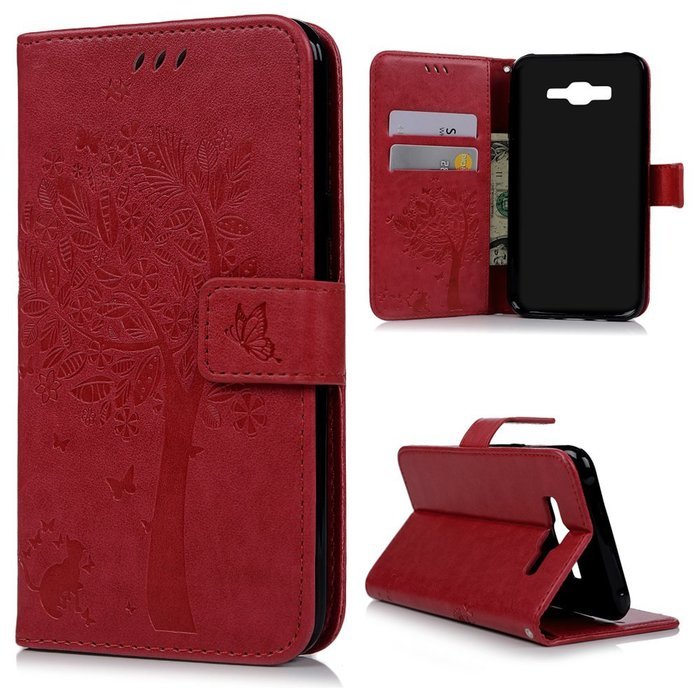 J7 Case,Samsung Galaxy J7 Case (2015 Version) - Wallet Embossed Butterflies Tree Premuim PU Leather Soft TPU Inner... N16