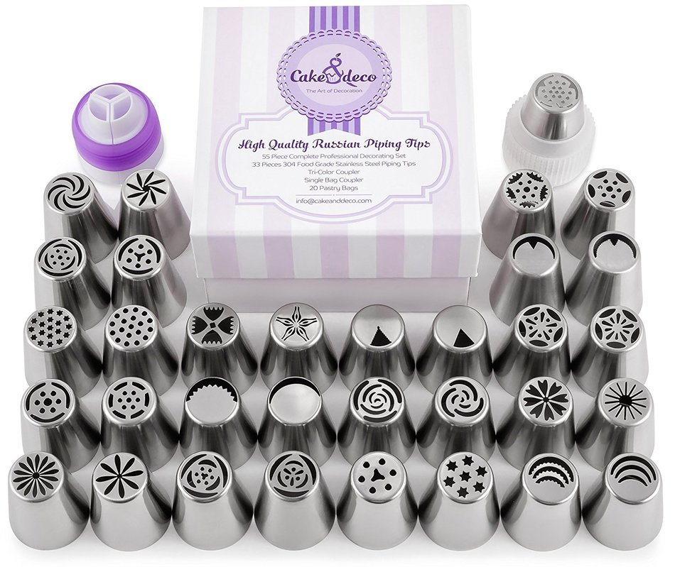 55pcs Complete Russian Piping Tips Set by Cake&Deco - Premium Cake Decorating Tools Kit - 33 Extra Large Icing... N8