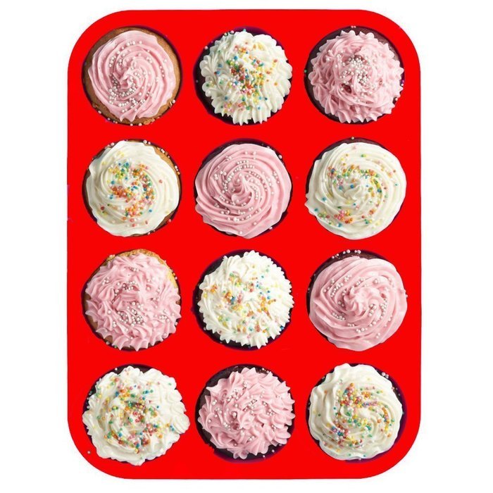 BakeWarePlus 12 Cups Silicone Muffin Pan and Cupcake Pan Maker Non - Stick Red N2