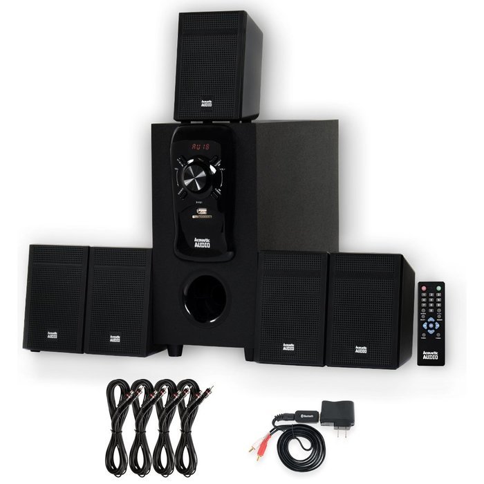 Acoustic Audio AA5150 Home Theater 5.1 Speaker System with Bluetooth FM Tuner and 4 Extension Cables