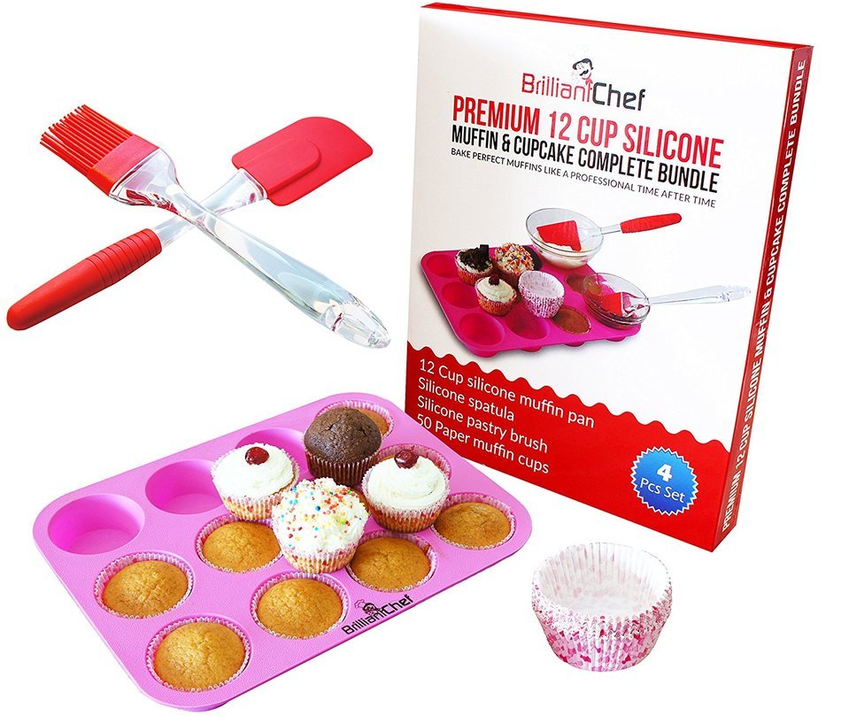 Premium 12 Cup Silicone Muffin Pan & Cupcake Pan Complete Bundle - BEAUTIFUL BAKING SET - Muffin Pan + Spatula... N3