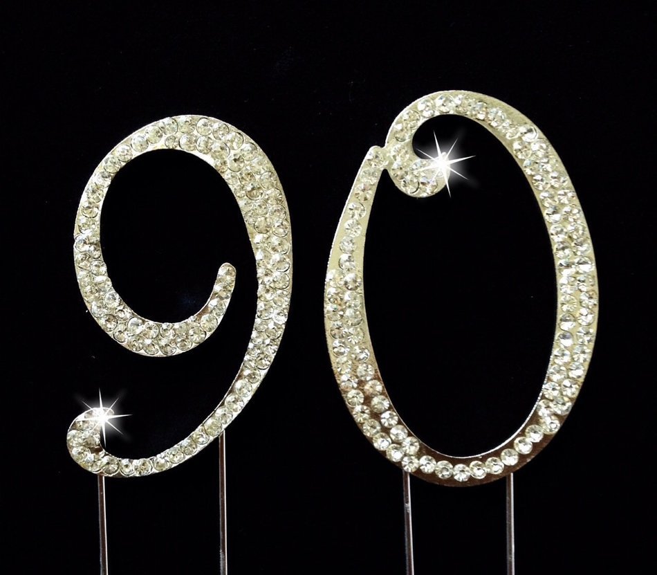 90th Birthday / Wedding Anniversary Number Cake Topper with Sparkling Rhinestone Crystals - 2.75