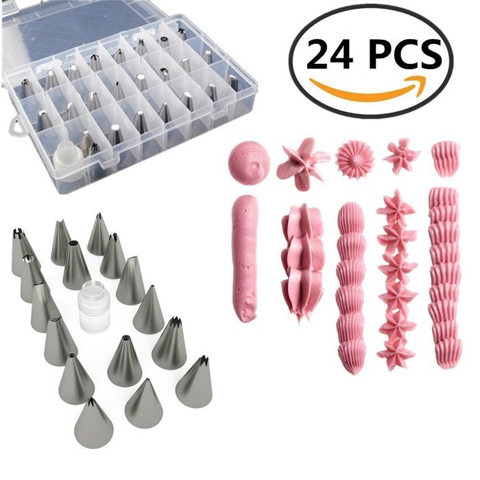 Cake Decoration tips set-FUNJIA Decorating Tip Set, 24-Piece decorating tips, Stainless Steel Baking Tools Supply... N7