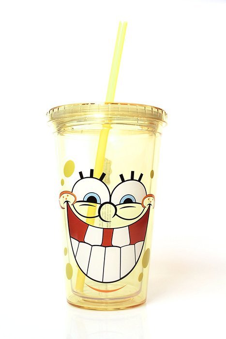 Silver Buffalo SG05087 SpongeBob Laugh BPA-Free Plastic Cold Cup with Lid and Straw, 16 oz, Yellow