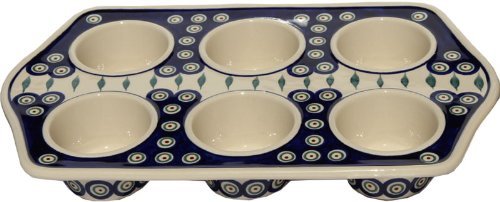 Polish Pottery Muffin Pan From Zaklady Ceramiczne Boleslawiec #1778-56 Peacock Pattern, Length: 14" Width: 8.75" N2