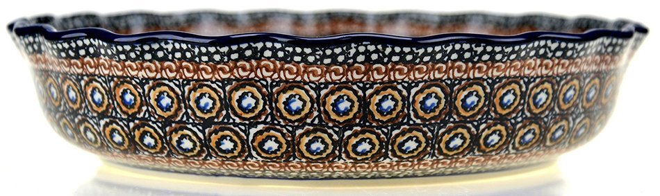 Ceramika Artystyczna Polish Hand Painted Deep Fluted Pie Pan 11" (Blue and Yellow Flowers)