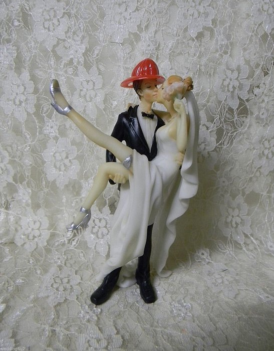 Wedding Party Reception Sexy Bride Fireman Firefighter Groom Cake Topper