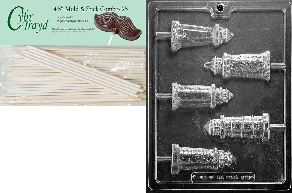 Cybrtrayd 45St25-N060 Lighthouse Lolly Assortment Nautical Chocolate Candy Mold with 25-Pack 4.5-Inch Lollipop...