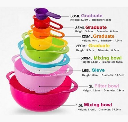 ASIBT 10 Piece Compact Mixing Bowls, Food Prep and Measuring Nesting Set, Multi-Color N7